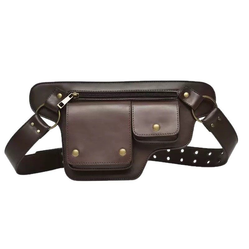 Amazon Pu Retro New Outdoor Men's Waist Bag Solid Color Zipper Waist Bag Leather Pin Buckle Waist Belt Personalized Versatile