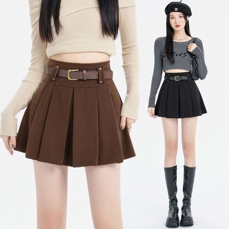 High Waist Pleated Skirt for Women Thick Fabric Retro Style Autumn Winter Fashion