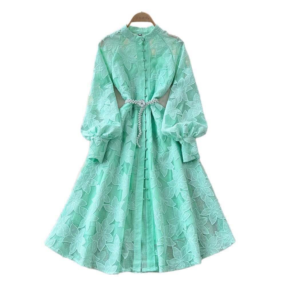 French Vintage Court Style Embroidered A Line Dress Hollow Out Lantern Sleeves Waist Tie Round Neck Elegant Evening
