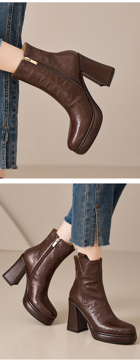 Boot nữ cổ thấp gót thô 10cm khoá kéo bên hông, da bò vân mềm phong cách Anh — Lớp lót đơn màu đen, Lớp lót đơn màu nâu, Lót nhung đen, Lót nhung màu nâu