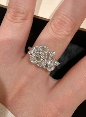 韩国新款镶钻花朵开口戒指时尚精致高级感食指戒小众百搭气质手饰