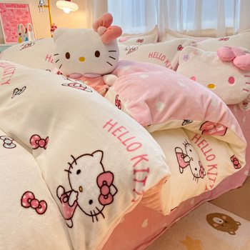 Sanrio Cartoon Milk Velvet Four-Piece Set Thickened Coral Velvet Quilt Cover Children's Kuromi Warm Fitted Sheet Three-Piece Set