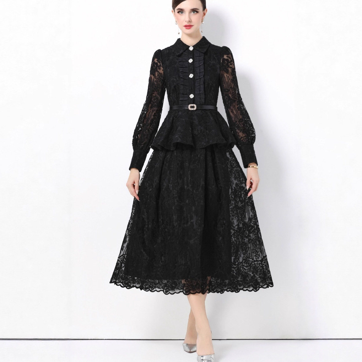 French Style Embroidered Chiffon Dress Ruffled Hem Waist Defining Elegant Design Perfect for Formal Events