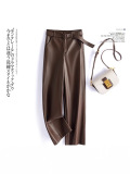 Новинка весны 2025 года, кожаные брюки Haining leather, женские прямые брюки с высокой талией, свободные и тонкие узкие брюки с широкими штанинами, повседневные брюки