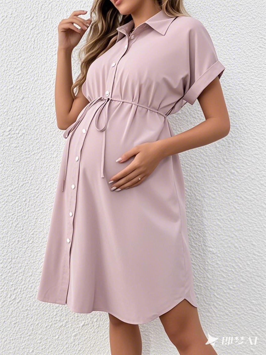 European and American New Maternity Wear Summer Short-Sleeved Button Casual Maternity Dress Fashion Belt Shirt Maternity Dress
