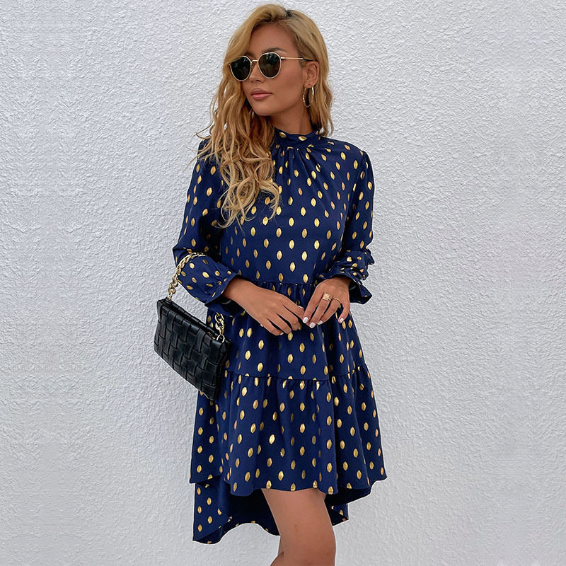 Polka Dot Midi Dress Gold Foil Print Loose Fit Half Turtleneck Casual Wear for Women Wholesale Available