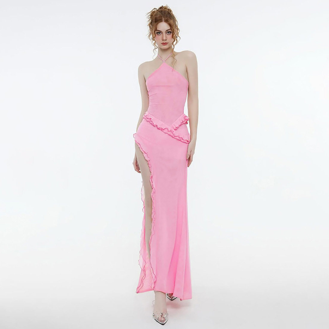 Summer Womens Dress Sexy Halter Neck Ruffled Trim Side Slit Design Perfect for Parties and Casual Outings