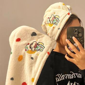 New Cute Cartoon Hair Drying Cap for Women, Water-Absorbent, Quick-Drying Hair Shower Cap, Adult Shampoo and Wipe Coral Velvet Towel