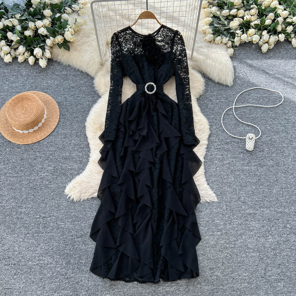Elegant Long Sleeve Lace Dress with 3D Floral Design and Ruffle Trim Chic and Luxurious Evening Gown for Special Occasions
