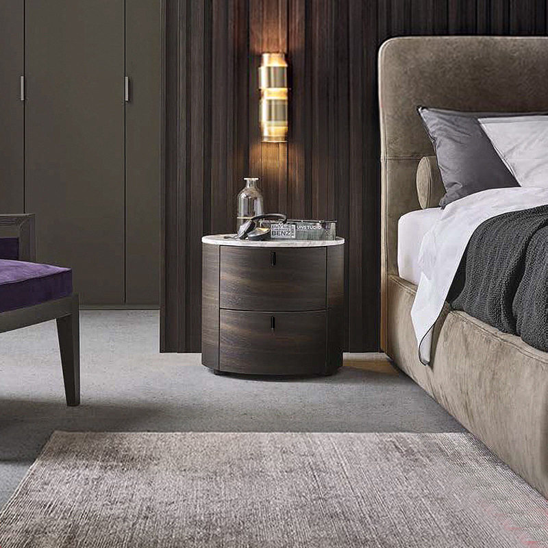 Solid Wood Smoked Bedside Table Italian Style Minimalist Nordic Style Niche Bedroom Round Slab Floor Bedside Cabinet Creative Storage Cabinet