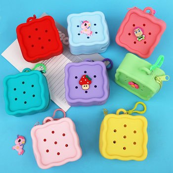 New Silicone Hole Coin Purse Candy Color Wallet Keychain Student School Bag Pendant Couple Square Headphone Bag