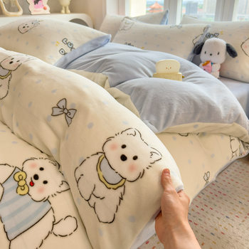 Class a Cartoon Double-Sided Milk Velvet Bed Four-Piece Set Thickeneded Warm Coral Velvet Quilt Cover Dormitory Bed Bed Sheets Three-Piece Set