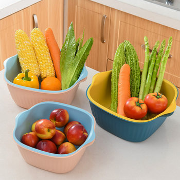 # Nordic Double-Layer Plastic Drain Basket Kitchen Vegetable Washing Basket Rice Washing Basket Fruit Plate Vegetable Storage Basket Vegetable Washing Basin