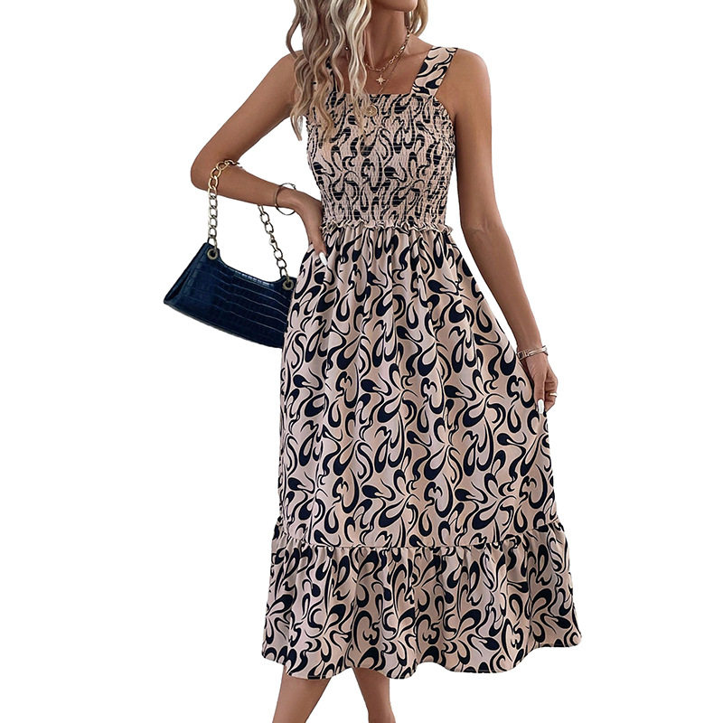 Abstract Print Ruffled Maxi Dress Sleeveless Beach Vacation Style Lightweight Fabric Wholesale Available