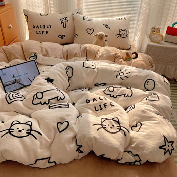 Ins Cartoon Printed Milk Velvet Four-Piece Set Class a Small Fresh Lace Quilt Cover Dormitory Three-Piece Bed Bed Sheets Set