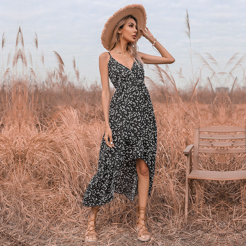 Summer Womens Irregular Hem Dress Sexy Floral Print V Neck Spaghetti Straps Casual Party Wear Wholesale Available