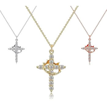 Cross-border Explosions Crown Cross Necklace Ladies 14K Gold Plated Crown Necklace Simple Diamond Necklace Faith