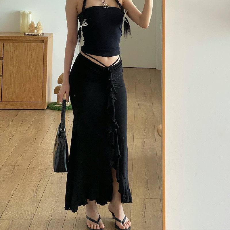 Elegant French Style High Waisted Midi Skirt Slim Fit Ruffled Hem Lace Up Design Perfect for Casual or Formal