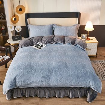 Advanced Sense Thickened Milk Velvet Four-piece Set Light Luxury Embossed Quilt Cover Warm Winter Sleeping Naked Double-sided Coral Velvet Bedding