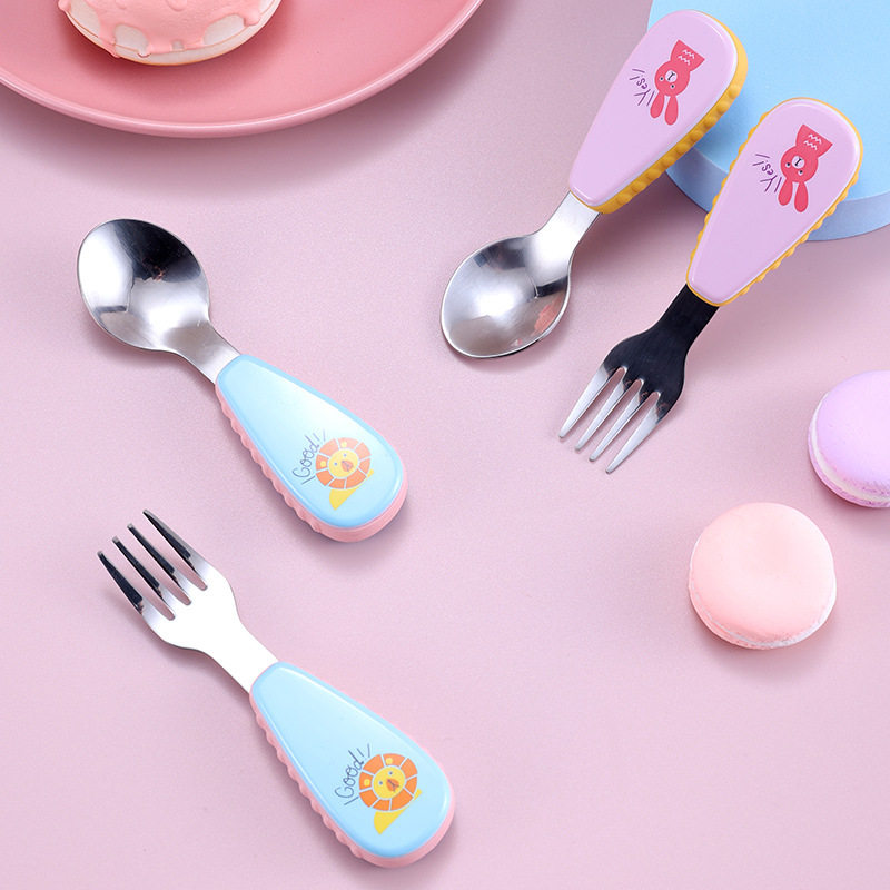 Baby Eating 304 Portable Tableware Kidsren's Fork and Spoon Short Handle Training Spoon Cute Stainless Steel Set Food Grade