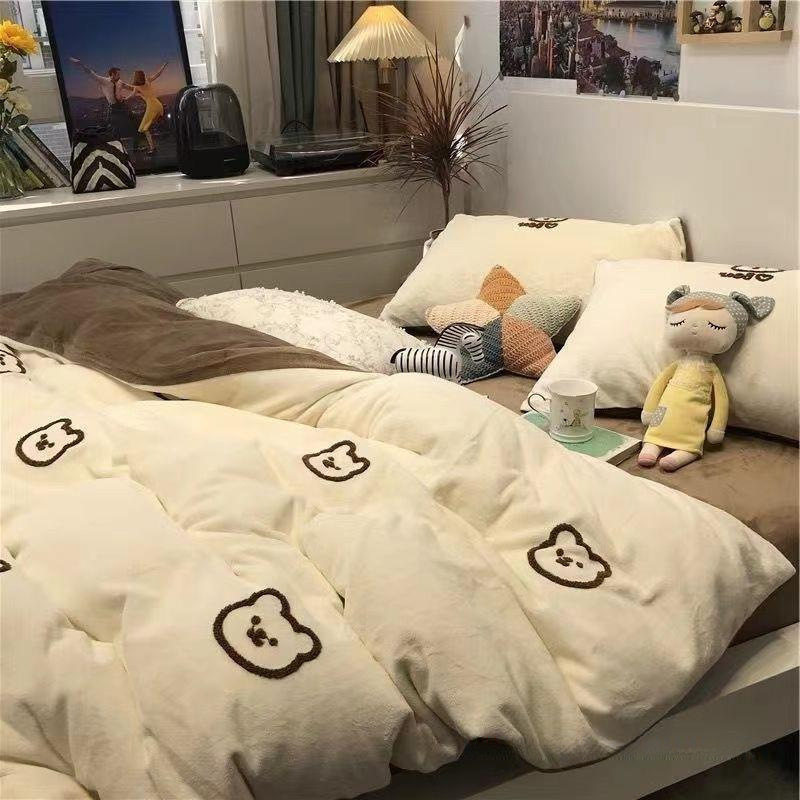 Cartoon Bear Internet Celebrity Washed Cotton Four-Piece Bed Sheet Quilt Cover Bedding Student Three-Piece Dormitory Set