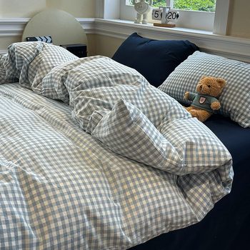 Simple Bedding Four-Piece Set, Unprinted Washed Cotton Sheets, Quilt Cover, Fitted Sheet, Student Dormitory Three-Piece Set Wholesale