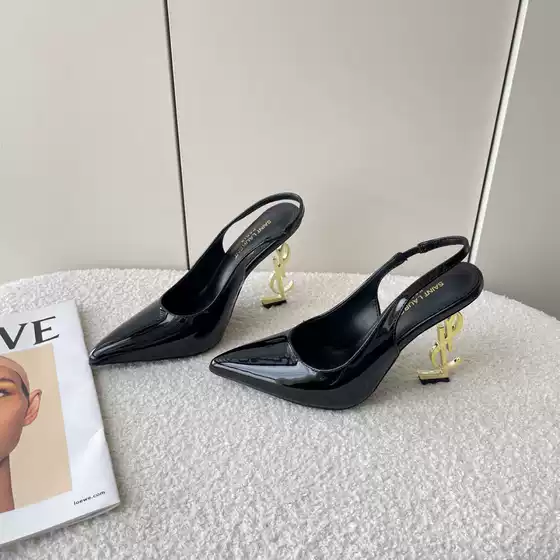 Yangshulin Same Style High Heels for Women 2024 Autum New Patent Leather Metal Letter Heels Sexy Toe-Cap Back Hollow Shoes