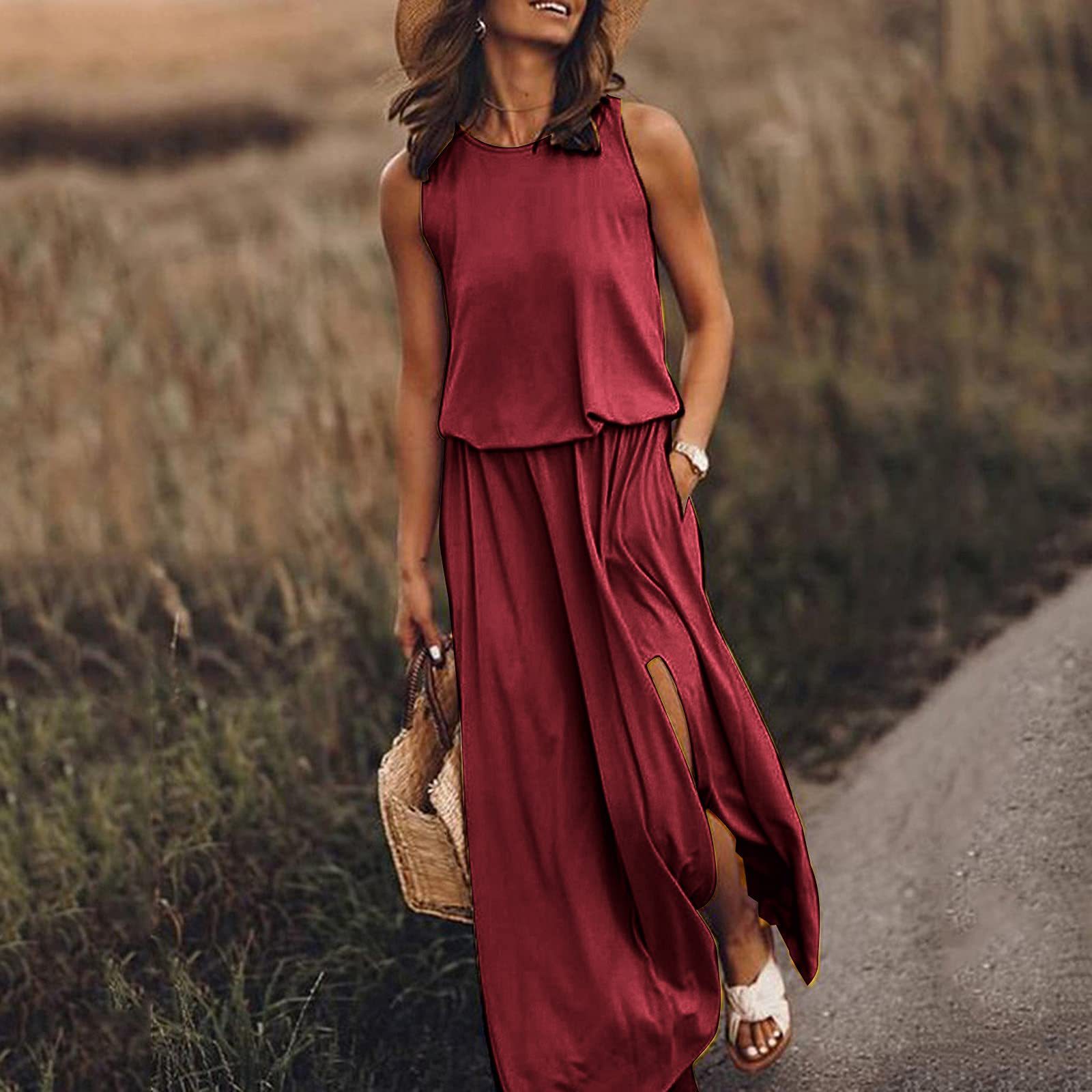 Women's Dress O Neck Sleeveless Split Solid Color Long skirt-图0