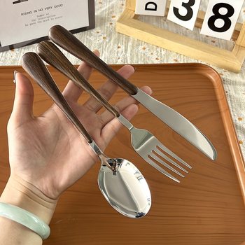 Oem Customized Retro Wooden Handle Stainless Steel Knife, Fork and Spoon Set High-Looking Hotel Steak Knife Western Food Tableware Fork and Spoon