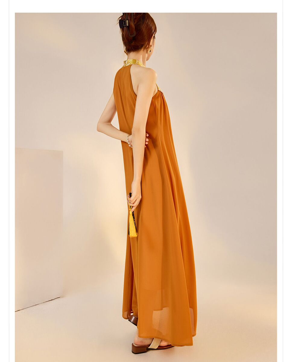 Đầm dài cổ đứng thêu họa tiết thanh lịch cho nữ — Màu mơ mây (cấp ngay trong ngày), Màu mơ mây (giao hàng trong 7 ngày), Terracotta Orange (Giao hàng trong 7 ngày)