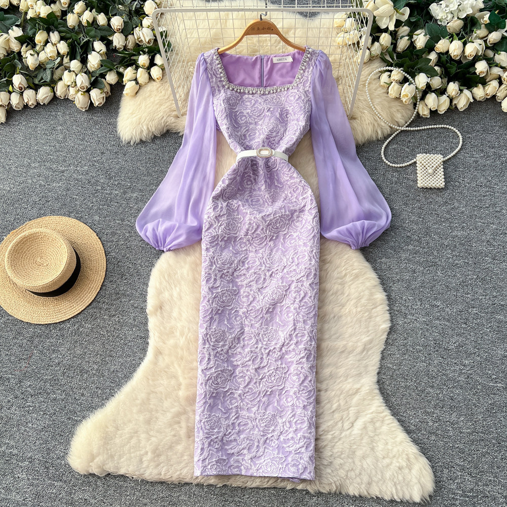 Elegant Purple Lace Dress for Women Puff Sleeve Slim Fit Diamond Accents Midi Length Perfect for Parties and