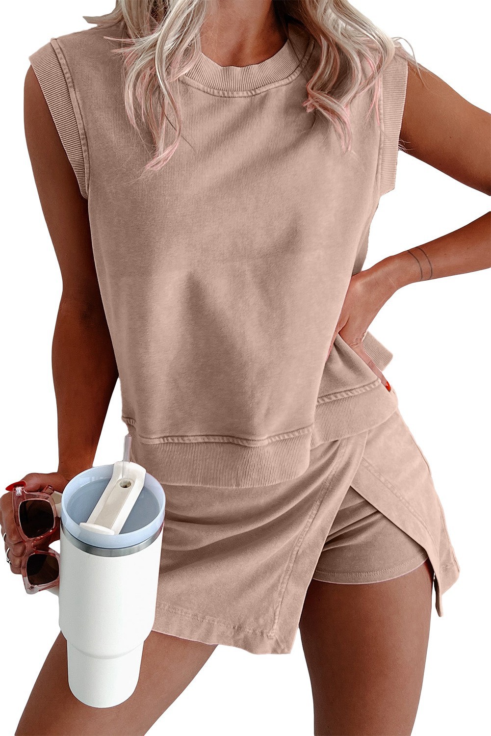 Womens Casual Two Piece Set Sleeveless Top Solid Color Stylish Shorts Perfect for Summer Outings Wholesale