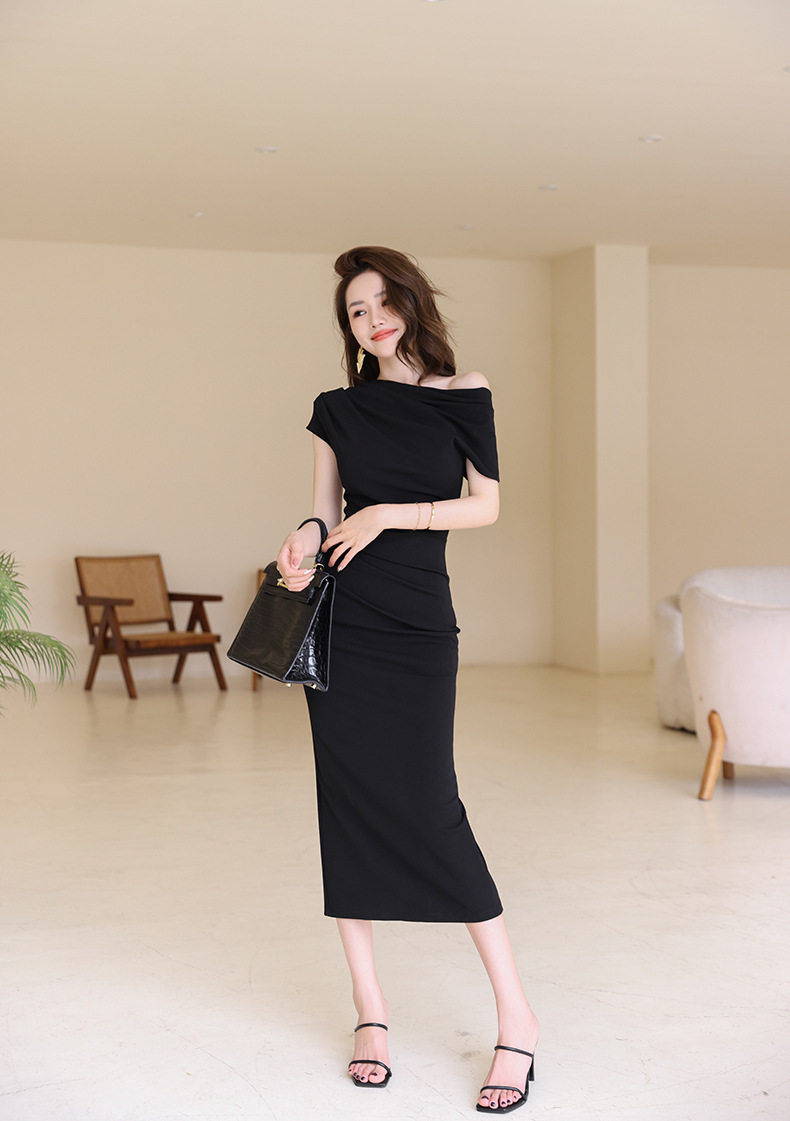 Đầm ôm body nữ dáng dài tay ngắn, cổ chéo, thiết kế eo ôm, phong cách Pháp — [Đen], [Xanh bạc hà], [Màu mơ], [Đỏ rượu vang] chi tiết 22