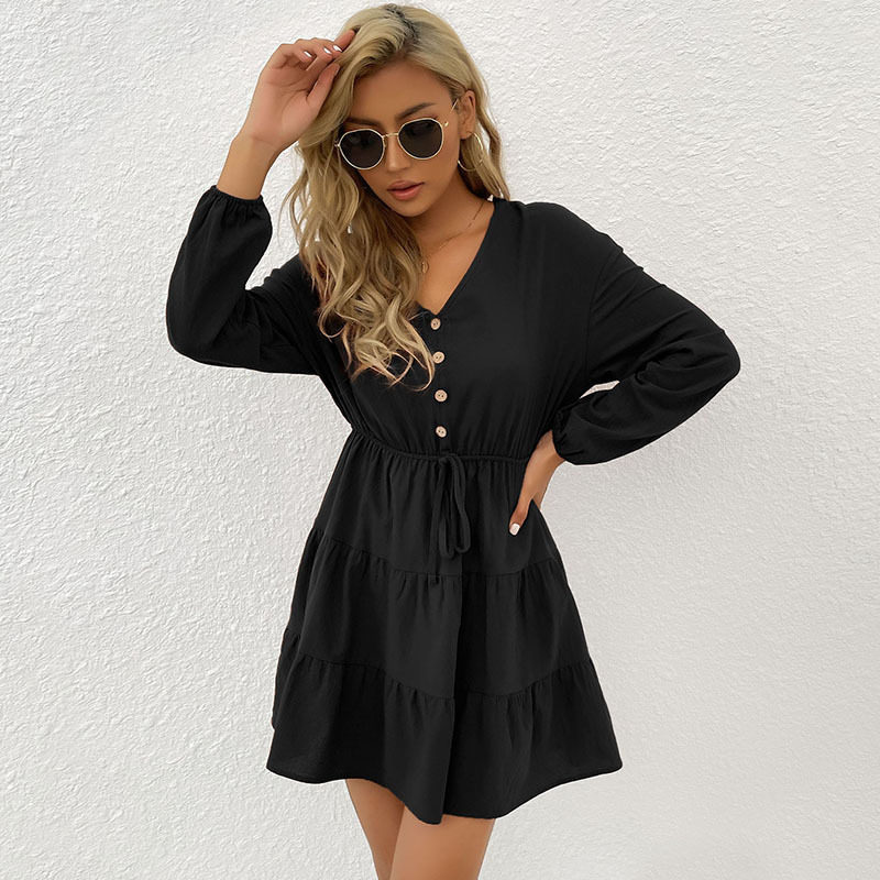 Casual Long Sleeve Dress Solid Color Slim Fit Pleated Design Autumn Winter Fashion Wholesale Available
