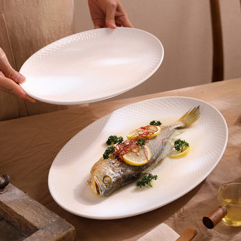 Household Plate Dish High-class Dinner Plate Oval Japanese-style Steamed Fish Plate Ceramic Dish Hotel White Large Tableware