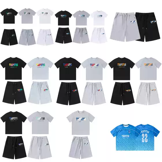 Cross-border foreign trade Trapstar short sleeve suit rainbow letter gradient towel embroidery loose casual shorts suit