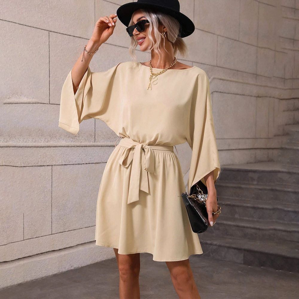 Womens Long Sleeve Dress Round Neck Elastic Waist Short Skirt Elegant Style for Casual Occasions Wholesale