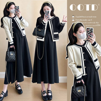 Maternity Wear 2025 Autumn New Korean Style Fashionable Long-Sleeved Color-Blocked Tops and Jackets Slim Vest Dress Two-Piece Set