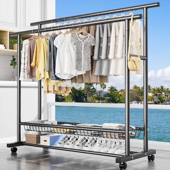 Extra Thick Clothes Hanger Floor-Standing Vertical Home Bedroom Balcony Clothes Hanger Simple Extra Thick Double Pole Mobile Dormitory Coat Rack