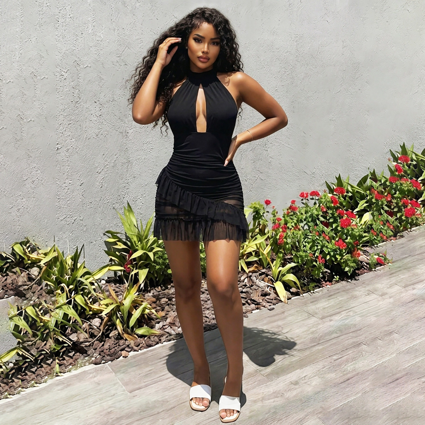 Summer Womens Dress Sexy Hollow Out Backless Ruffle Hem Bodycon Fit Perfect for Parties and Night Out OEM