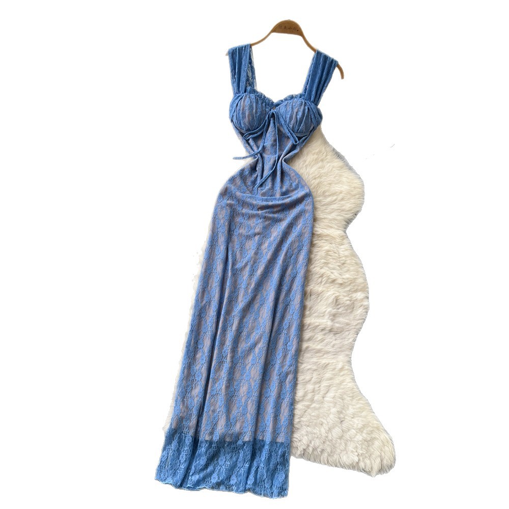 Blue Lace Slip Dress Slim Fit Backless Mermaid Hem Summer Vacation Evening Wear Wholesale Available