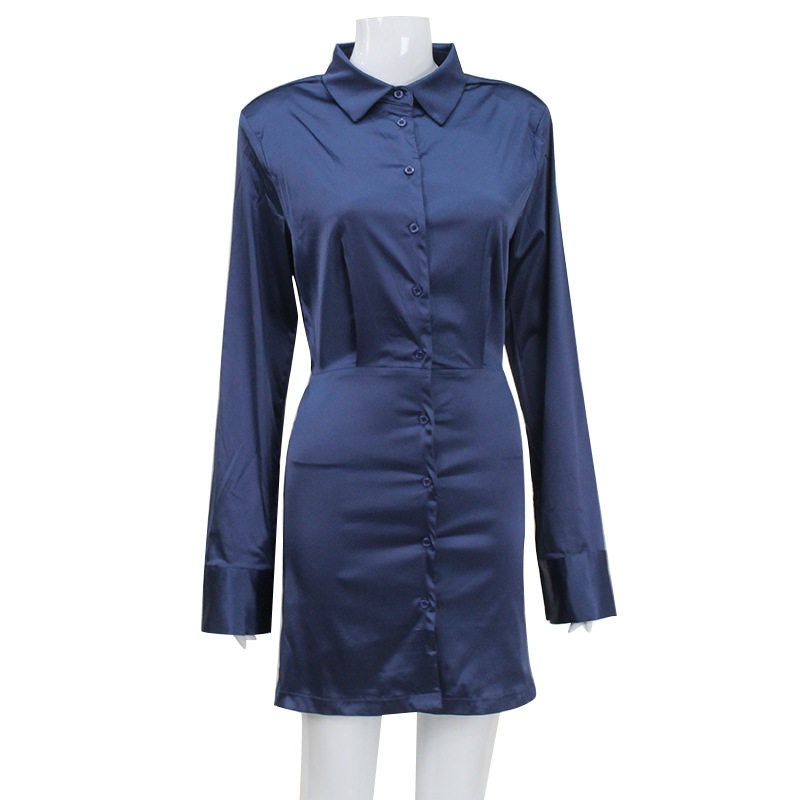Womens Long Sleeve Shirt Dress Lapel Collar Waist Tie High Waist Slim Fit Office Wear Business Casual