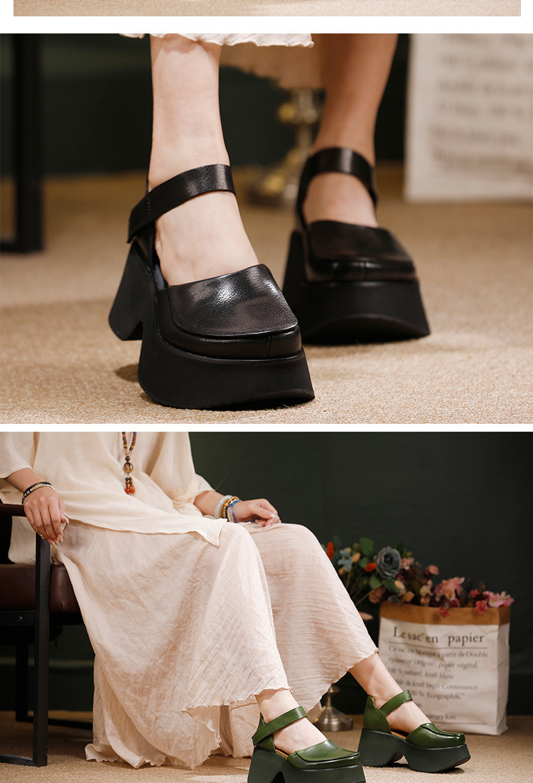 Sandal nữ da bò thật đế dày quai ngang mũi tròn phong cách cổ điển — màu đen, Xanh lá cây