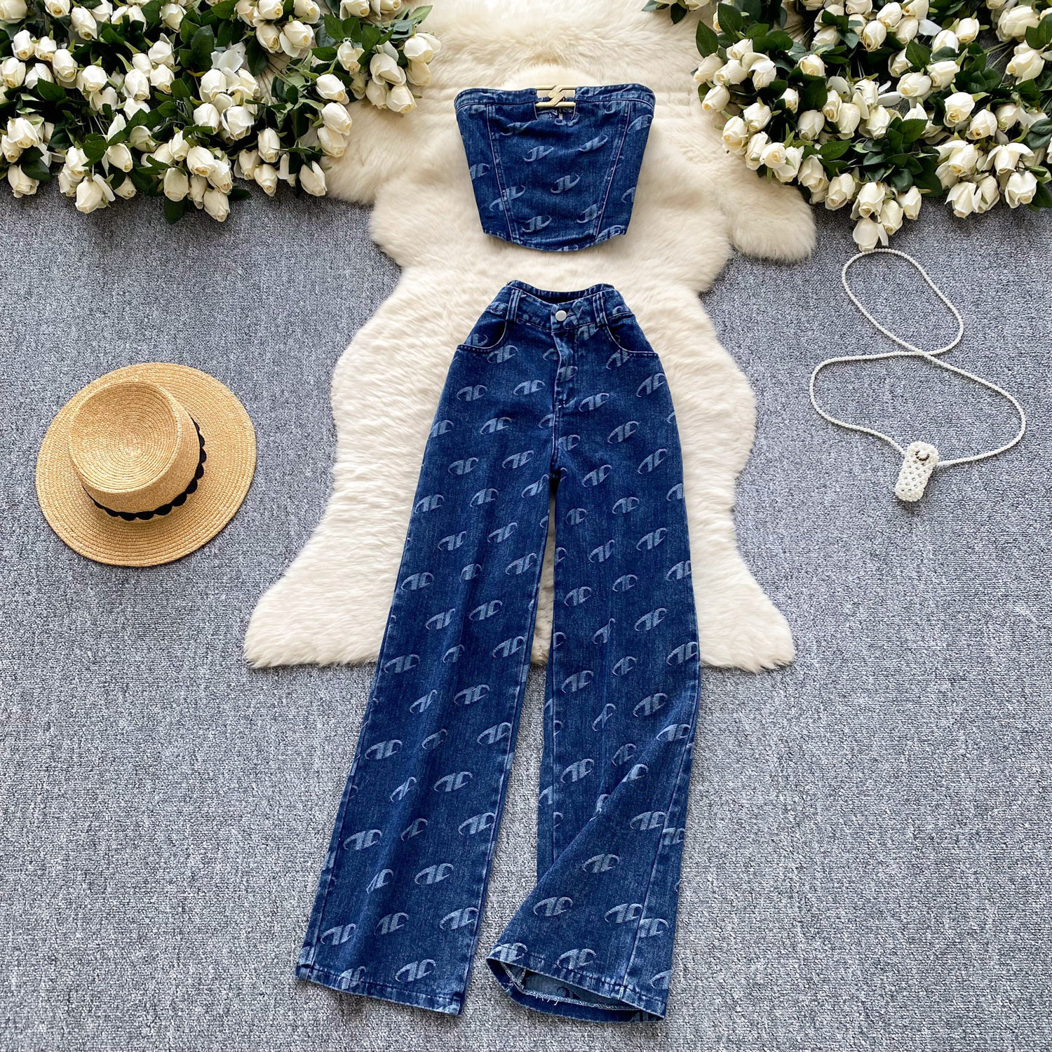 Metal Buckle Floral Print Strapless Top and High Waist Slim Fit Jeans Set for Women Summer Casual Wear Wholesale