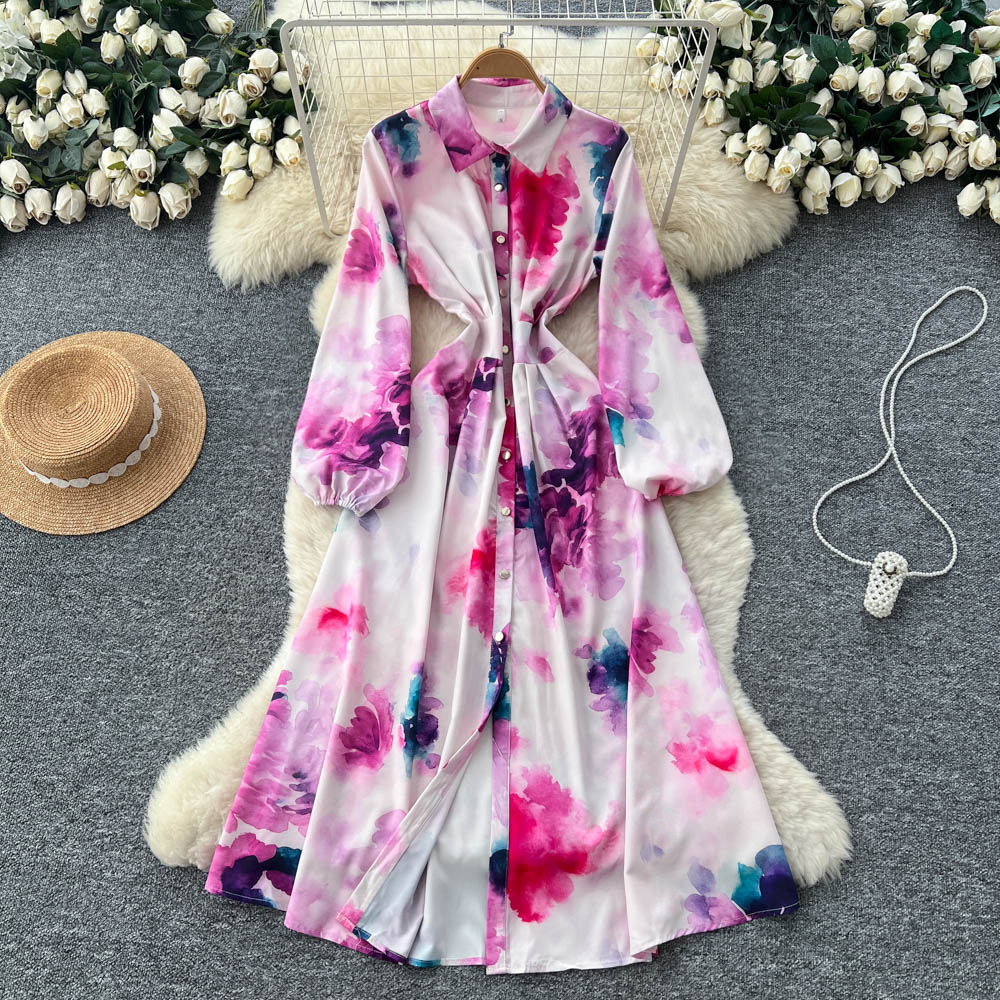 Fashionable Womens Floral Print Dress Long Sleeve Waist Tie A Line Silhouette Versatile for Work or Casual Occasions