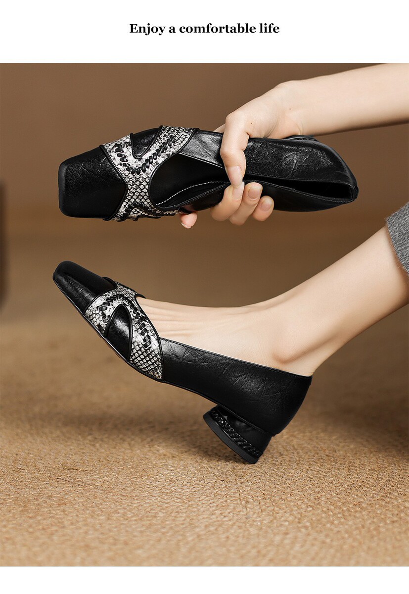 Giày bệt nữ mũi vuông gót thấp 3cm phối màu thanh lịch — đen, màu xám