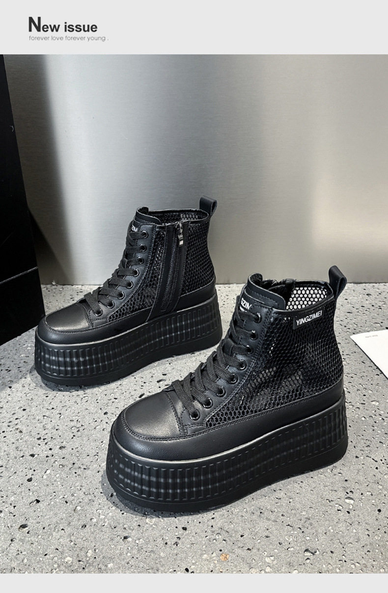 Giày sneaker nữ chunky đế dày trắng lưới thoáng mùa hè — Len tinh khiết, Đen chi tiết 15