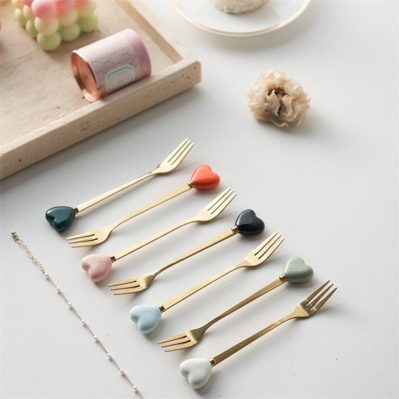 Light Luxury Ceramic Spoon Stainless Steel Coffee Spoon Afternoon Tea Cake Dessert Spoon Cross-border High-value Small Fork Soup Spoon
