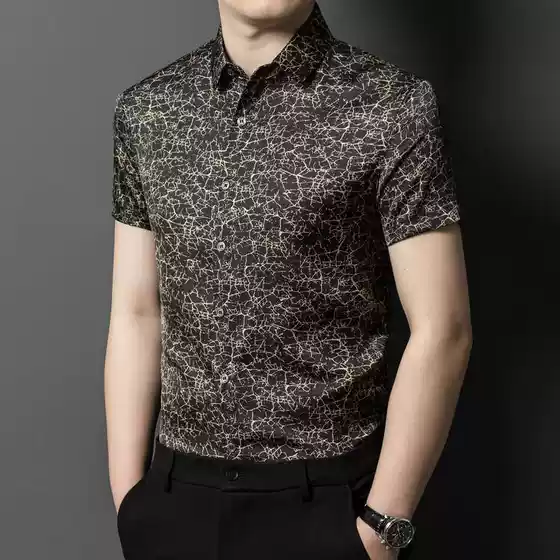2024 Summer Mulberry Silk Men's Shirt High-End Light Luxury Fashion Middle-Aged Ice Silk Short Sleeve No-Iron Anti-Wrinkle Shirt