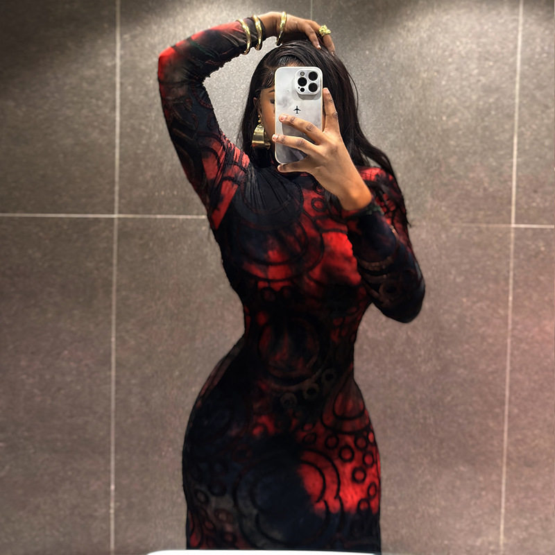 Color Block Printed Bodycon Dress for Women Long Sleeve Slim Fit Elegant Style Perfect for Parties and Events